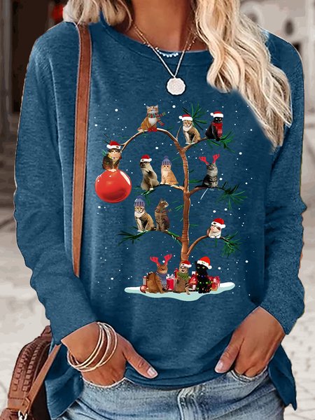 Women's Christmas Cat Tree Crew Neck Casual Top, Long sleeves, Lilicloth.com