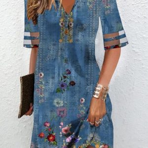 Casual V Neck Floral Loose Dress, Dresses, color:Blue|size:XXL, Noracora