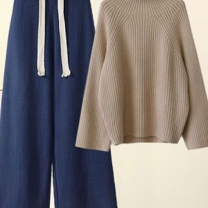 Women Plain Turtleneck Long Sleeve Comfy Casual Top With Pants Two-Piece Set, Sets, color:Color7|size:XXL, Noracora