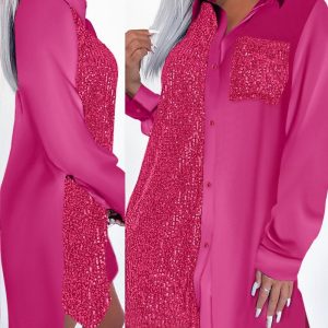 Contrast Sequin Pocket Design Shirt Dress, Shirt Dresses, chicme - Women's Fashion Online