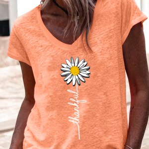 Women's Thankful Daisy V Neck Regular Fit Cotton-Blend Casual T-Shirt, T-shirts, Lilicloth.com