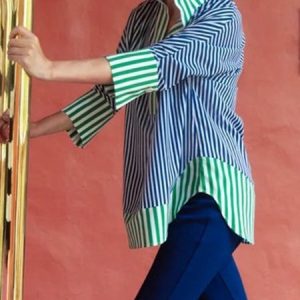 Casual Loose Striped Stand Collar Blouse, Blouses and Shirts, color:Blue|size:XXL, Stylewe