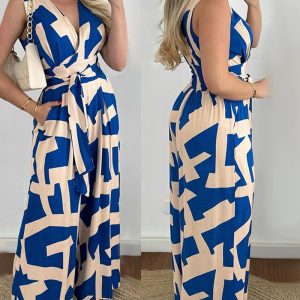 Geometric Print Tied Detail Wide Leg Jumpsuit, Jumpsuits, chicme - Women's Fashion Online