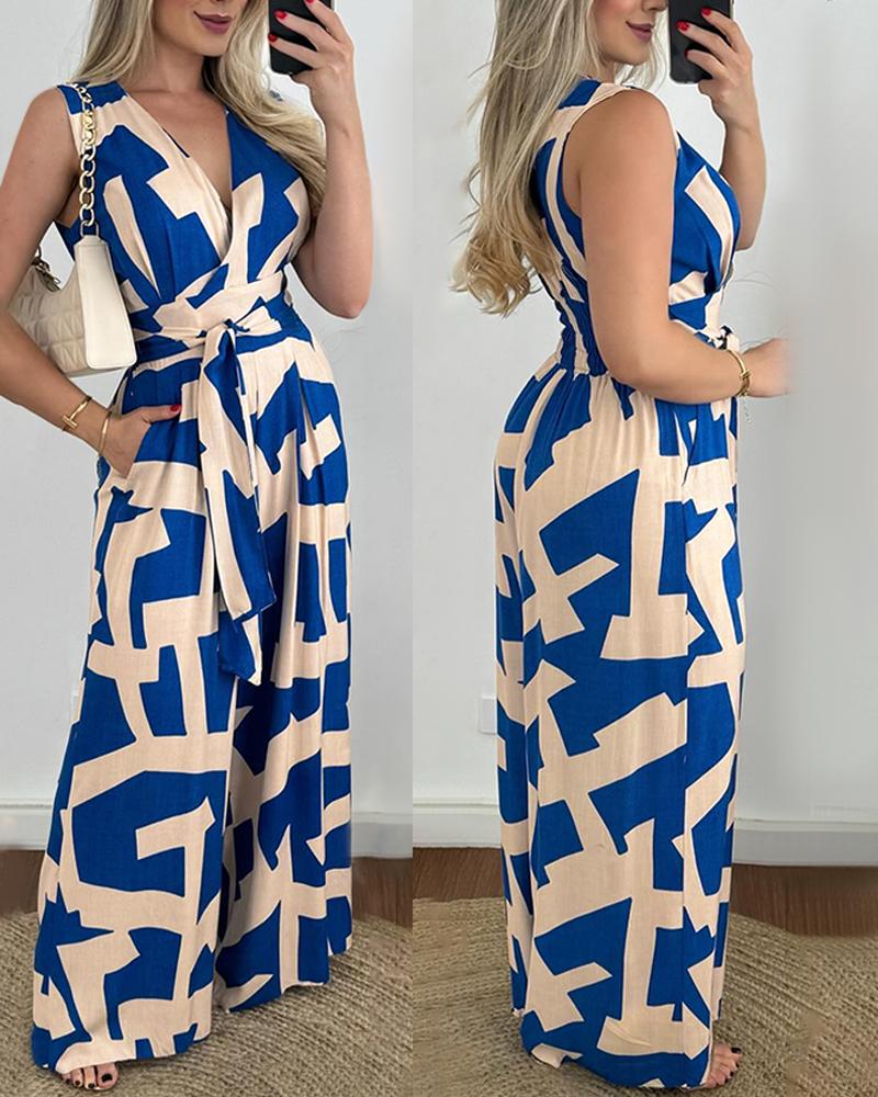 Geometric Print Tied Detail Wide Leg Jumpsuit, Jumpsuits, chicme - Women's Fashion Online
