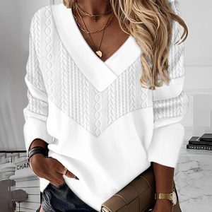 Long Sleeve V-Neck Cable Textured Top, T-shirt & Tees, chicme - Women's Fashion Online