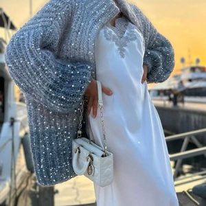 Turtleneck Long Sleeve Loose Ombre Elegant Cardigan, Cardigans, color:Gray|size:XXL, Stylewe