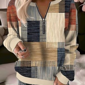 Casual Geometric Crew Neck Sweatshirt, Hoodies&Sweatshirts, Lilicloth.com