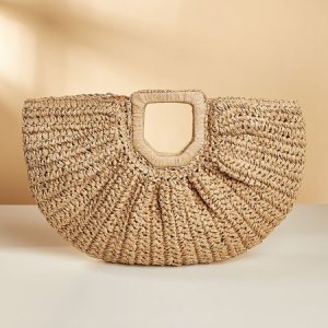 Vacation Half Moon Straw Bag Beach Tote Bag, Bags, color:Khaki|size:One-size, Stylewe