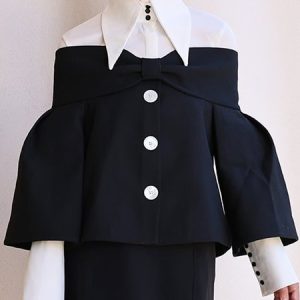 Urban Shirt Collar Regular Fit Color Block Matching Outfit, Two-piece Set, color:Black-white|size:XXL, Stylewe