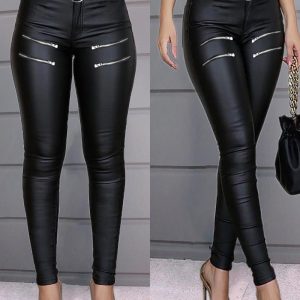 Zipper Design High Waist PU Leather Skinny Pants, Pants, chicme - Women's Fashion Online