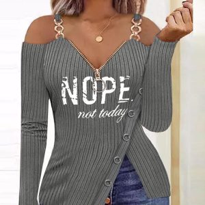 Letter Print Zip Detail Cold Shoulder Top, T-shirt & Tees, chicme - Women's Fashion Online