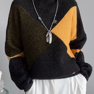 High Elasticity Loose Long Sleeve Geometric Turtleneck Casual Sweater, Pullovers, color:As Picture|size:XXL, Stylewe