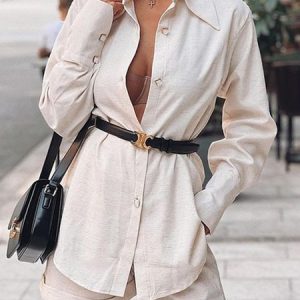 Women Plain Shirt Collar Long Sleeve Comfy Casual Top With Pants Two-Piece Set, Sets, color:Off White|size:XL, Noracora