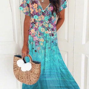 Women's Vacation Casual V Neck Floral Short Sleeve Midi Dress, Midi, color:Blue|size:XXL, catalog Noracora shop
