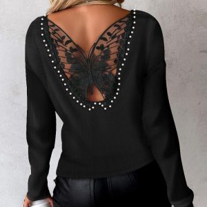 Butterfly Embroidery Beaded Ribbed Top, women T-shirt & Tees, ChicMe catalog