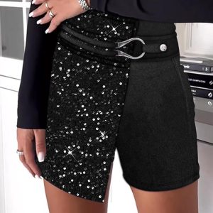 Velvet Contrast Sequin Buckled Skorts, Shorts, chicme - Women's Fashion Online