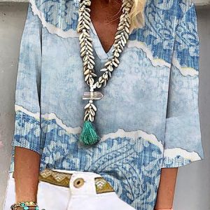 V Neck Loose Abstract Casual Top, Blouses, color:Blue|size:XXL, Noracora