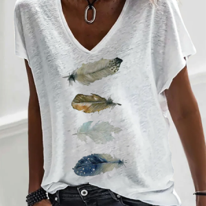 Casual Loose Jersey V Neck T-Shirt, T-shirts, color:White|size:XXL, Noracora