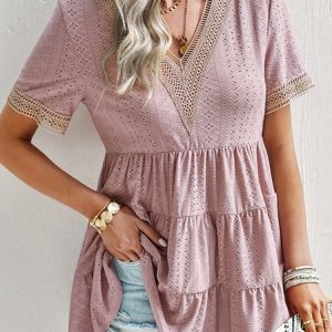 V Neck Short Sleeve Plain Lace Regular Micro-Elasticity Loose Shirt For Women, Blouses, color:Dusty Pink|size:XL, Noracora