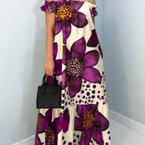 Vacation Cold Shoulder Loose Maxi Dress, Maxi Dresses, color:Deep Pink|size:XXL, Stylewe