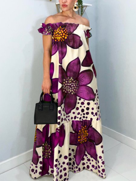 Vacation Cold Shoulder Loose Maxi Dress, Maxi Dresses, color:Deep Pink|size:XXL, Stylewe
