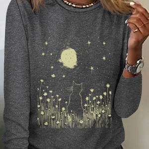 Cat and Moon Funny Cotton-Blend Simple Regular Fit Cat Long Sleeve Shirt, Long sleeves, Lilicloth.com