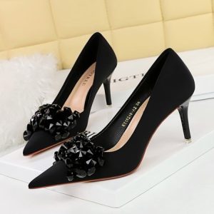 Glamorous Rhinestone Bowknot Satin Stiletto Heel Pumps, Heels, color:Black|size:43, Stylewe