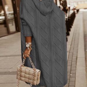 Cable Textured Hooded Longline Coat, Jackets & Coats, chicme - Women's Fashion Online