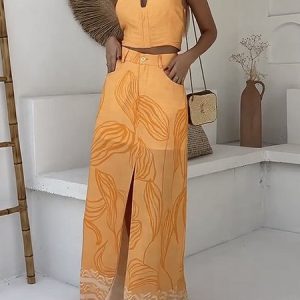 Daily Urban Regular Fit V Neck Two-Piece Set, Two-piece Set, color:Orange|size:XXL, Stylewe