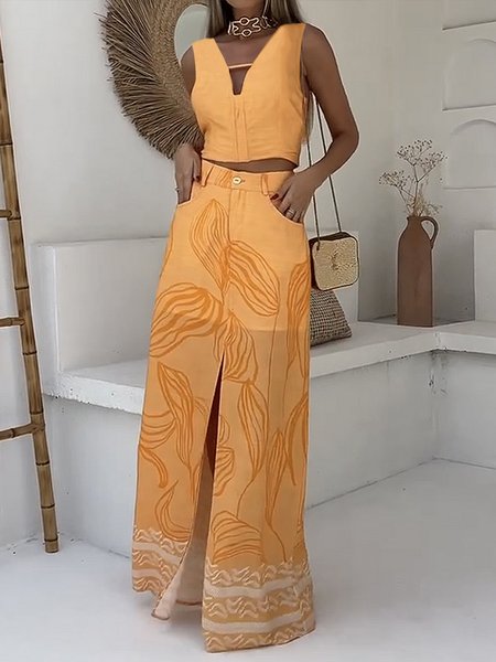 Daily Urban Regular Fit V Neck Two-Piece Set, Two-piece Set, color:Orange|size:XXL, Stylewe