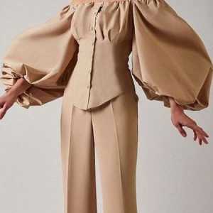 Boat Neck Loose Urban Plain Blouse, Blouses and Shirts, color:Khaki|size:XXL, Stylewe