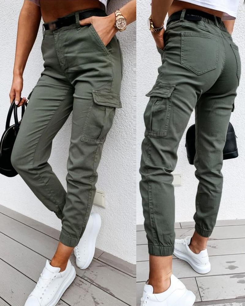 Pocket Design High Waist Cargo Pants, Pants, chicme - Women's Fashion Online
