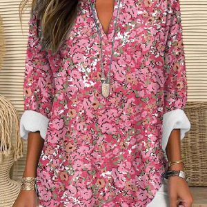 Notched Long Sleeve Small Floral Regular Loose Shirt For Women, Blouses, color:Red|size:XXL, Noracora