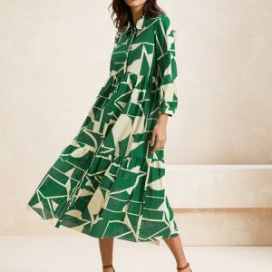 Women Geometric Shirt Collar Long Sleeve Comfy Casual Maxi Dress, Dresses, color:Green|size:XXL, Noracora