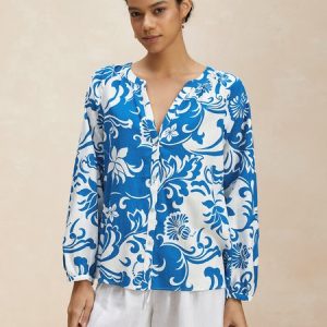V Neck Long Sleeve Floral Printing Regular Loose Blouse For Women, Blouses, color:Dark Blue|size:XS, Noracora