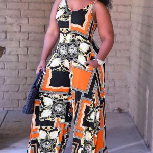 Plus Size Baroque Scarf Print Wide Leg Jumpsuit, Jumpsuits&Rompers, chicme - Women's Fashion Online