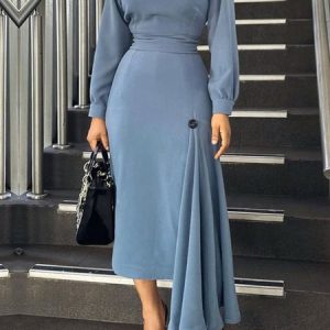 Elegant  Crew Neck Regular Fit Plain  Long Sleeve Dress, Midi Dresses, color:Grey-blue|size:XXL, Stylewe