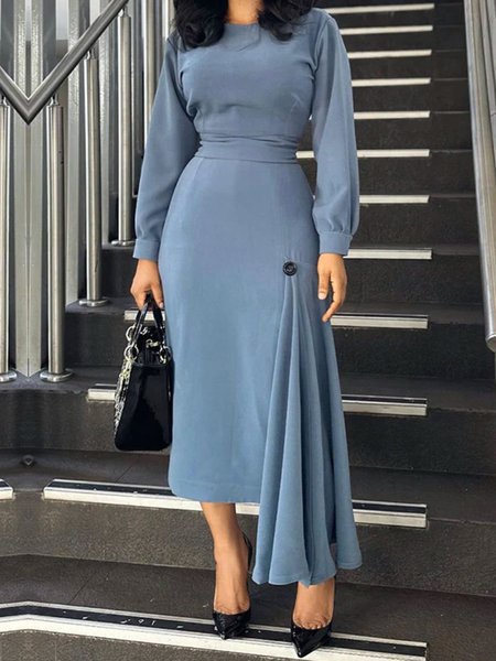 Elegant Crew Neck Regular Fit Plain Long Sleeve Dress, Midi Dresses, color:Grey-blue|size:XXL, Stylewe