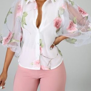 Shirt Collar Urban Floral Mesh Patch Blouse, Blouses and Shirts, color:Pink|size:XXL, Stylewe
