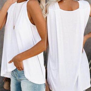 Asymmetrical Hem Round Neck Tank Top, Tanks & Crop Tops, chicme - Women's Fashion Online