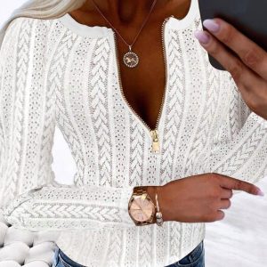 Zipper Design Eyelet Embroidery Top, T-shirt & Tees, chicme - Women's Fashion Online