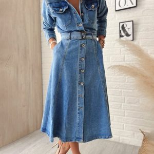 Shirt Collar Urban Denim Pocket Stitching Denim Dress With Belt, Maxi Dresses, color:Blue|size:XXL, Stylewe