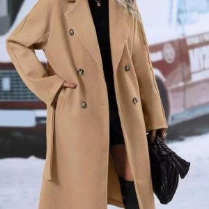 Shawl Collar Long Sleeve Plain Regular Micro-Elasticity Loose Coat For Women, Coats, color:Khaki|size:XL, Noracora
