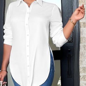 Plus Size Buttoned Slit Long Sleeve Shirt, Blouses&Shirts, chicme - Women's Fashion Online