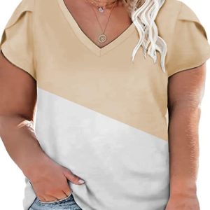 Plus Size Colorblock Petal Sleeve V-Neck T-Shirt, T-shirt(plus), chicme - Women's Fashion Online