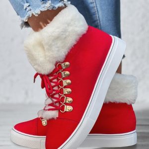 Casual Plain Wearable Lace-Up Flat Heel Classic Boots Fur, Boots, color:Red|size:43, Noracora