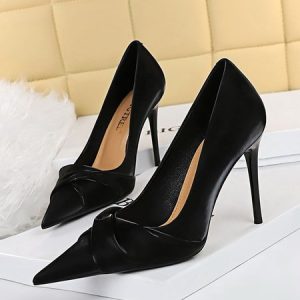 Women Minimalist Knot Front Stiletto Heel Shallow Pumps, Heels, color:Black|size:43, Stylewe
