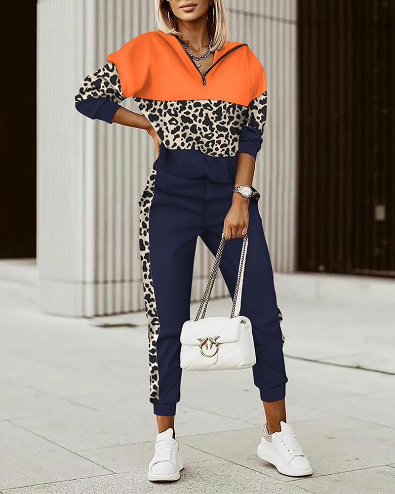 Leopard Print Patchwork Hooded Sweatshirt & Cuffed Sweatpants Set, Two-piece Sets, chicme - Women's Fashion Online