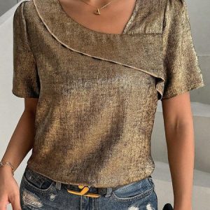 Asymmetrical Short Sleeve Plain Regular Loose Shirt For Women, Blouses, color:Metallic|size:XXL, Noracora