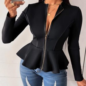 Zip Front PU Leather Ruffles Top, Jackets & Coats, chicme - Women's Fashion Online